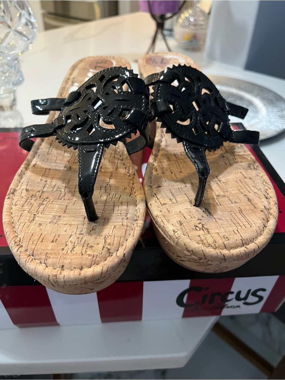 Circus by Sam Edelman Black Patent Cork Platform Thong Sandals
